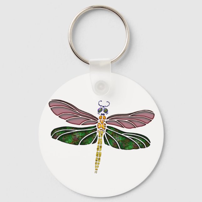 Abalone Shell & Stained Glass Dragonfly Keychain (Front)