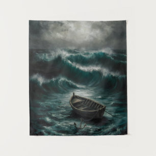 Abandoned Boat in Stormy Waters Ocean Art Tapestry