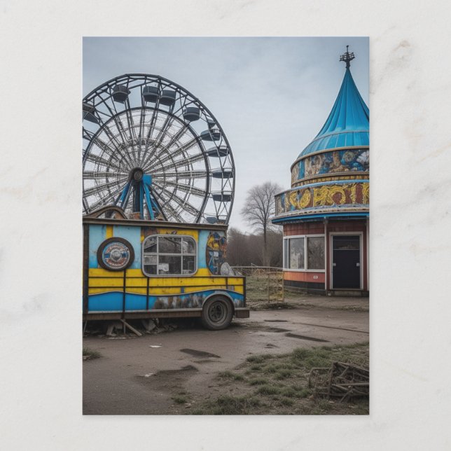 Abandoned Carnival Empty Ferris Wheel and Tent Postcard (Front)