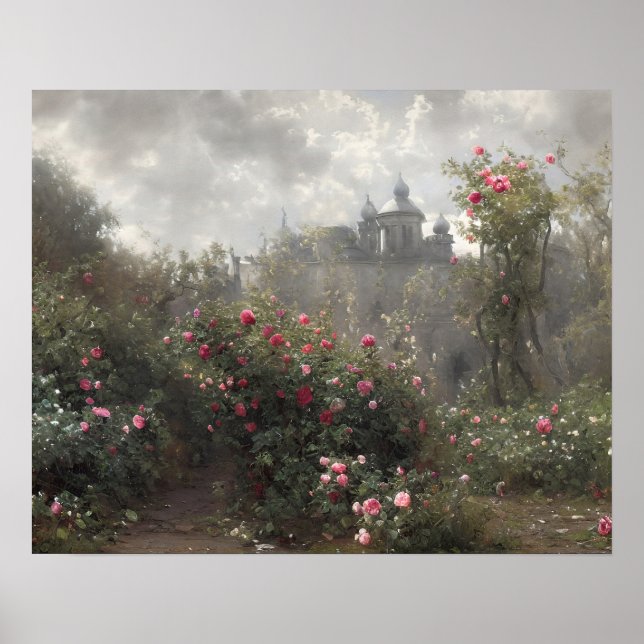 Abandoned castle rose garden - vintage art poster (Front)