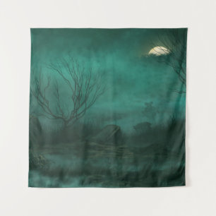 Abandoned Cemetery Moonlit Night Scene Tapestry