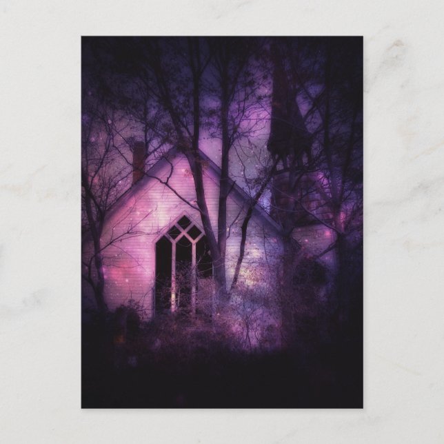 Abandoned Church Purple Night Sky Digital Art Postcard (Front)