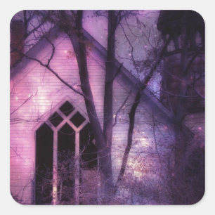Abandoned Church Purple Night Sky Digital Art Square Sticker