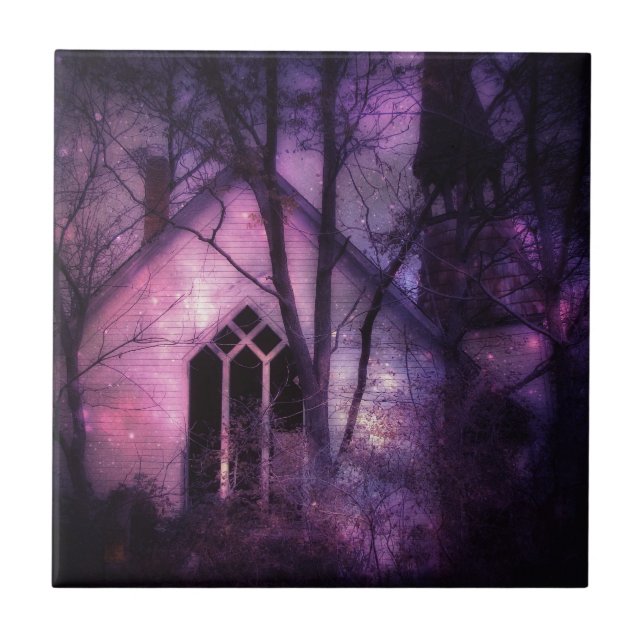 Abandoned Church Purple Night Sky Digital Art Tile (Front)