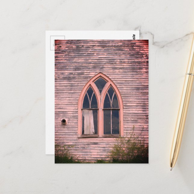 Abandoned Church Window Peeling Pink Paint Postcard (Front/Back In Situ)