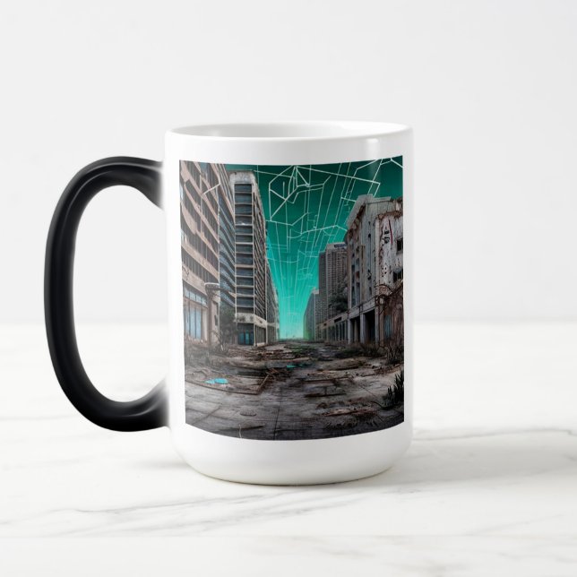 Abandoned City Buildings Dystopian Teal Skies Magic Mug (Left)