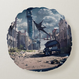 Abandoned City   Post Apocalypse Dystopian World  Round Pillow