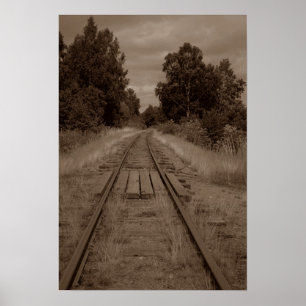 Abandoned Empty Railroad Train Tracks Sepia Photo Poster