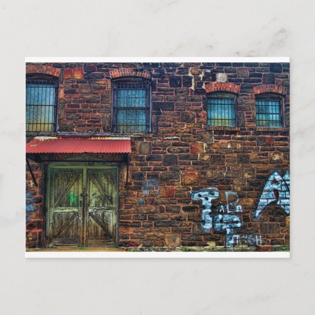 Abandoned Graffiti Brick Building Barred Windows Postcard (Front)