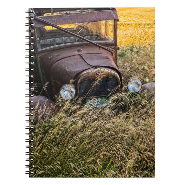 Abandoned old car in tall grass notebook (Front)