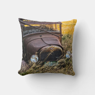 Abandoned old car in tall grass throw pillow