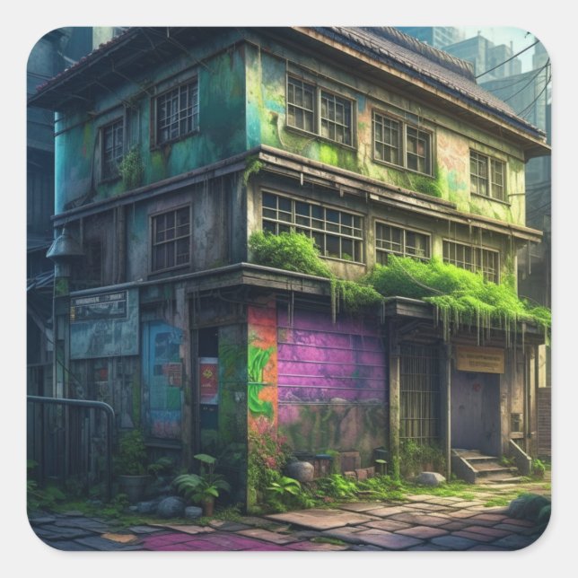 Abandoned Purple Graffiti Building Urban Decay Square Sticker (Front)