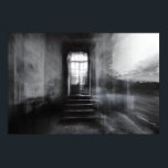 Abandoned Staircase Ghostly Doorway Blur Poster<br><div class="desc">A wide stone staircase rises toward an open arched doorway in an abandoned grand interior, captured in stark black and white. Thick motion blur and ghostly double-exposure layers overlap walls, steps, and cracked plaster, creating an ethereal, dreamlike veil across the scene. Soft daylight pours through the threshold, revealing overgrown foliage...</div>