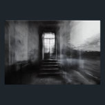 Abandoned Staircase Ghostly Doorway Blur Poster<br><div class="desc">A wide stone staircase rises toward an open arched doorway in an abandoned grand interior, captured in stark black and white. Thick motion blur and ghostly double-exposure layers overlap walls, steps, and cracked plaster, creating an ethereal, dreamlike veil across the scene. Soft daylight pours through the threshold, revealing overgrown foliage...</div>