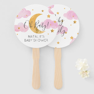 Abanico Moon & Stars Pink Baby Shower Hand Fan