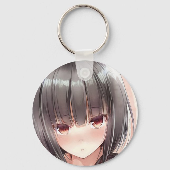 Abashed anime girl brunette bob amber eyes keychain (Front)