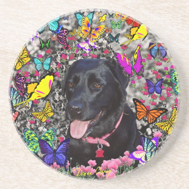 Abby in Butterflies - Black Lab Dog Coaster (Front)