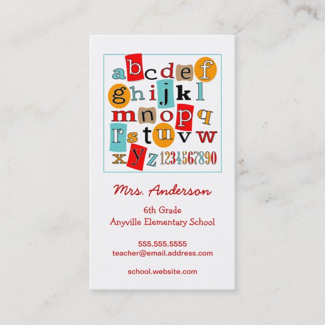 ABC 123 Alphabet Enseignant Carte de visite de con (Devant)