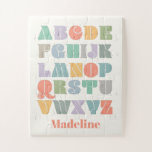 ABC Alphabet Personalized Name Jigsaw Puzzle<br><div class="desc">A colourful,  retro Alphabet design that can be personalized for your child. Inspired by retro typefaces and boho style,  this design can be customized with a child's name,  monogram,  or other text. Gender-neutral colours; purple,  green,  orange,  yellow,  teal,  turquoise,  grey,  brown,  cream.</div>