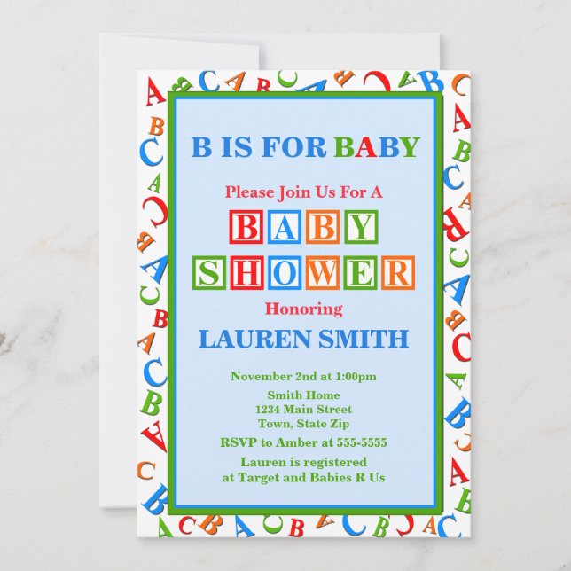 ABC Baby Shower Invitation Neutral Baby Shower (Front)