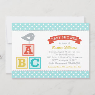 ABC Blocks Aqua Blue Bird Baby Boy Shower Invitation