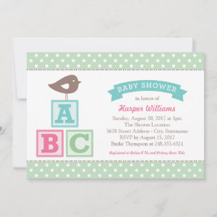ABC Blocks Mint Green Bird Baby Girl Shower Invitation