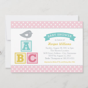 ABC Blocks Pink Bird Baby Girl Shower Invitation