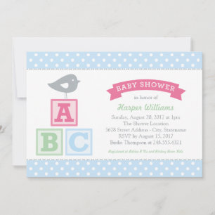 ABC Blocks Pink Blue Bird Baby Girl Shower Invitation