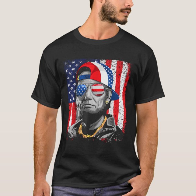 Abe Lincoln Beard Sunglasses American Flag 4th Of  T-Shirt (Front)