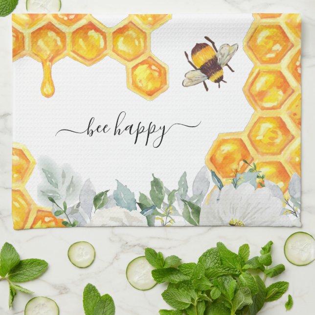 Abeille à miel florale | Serviette de thé Monogram (Plié)