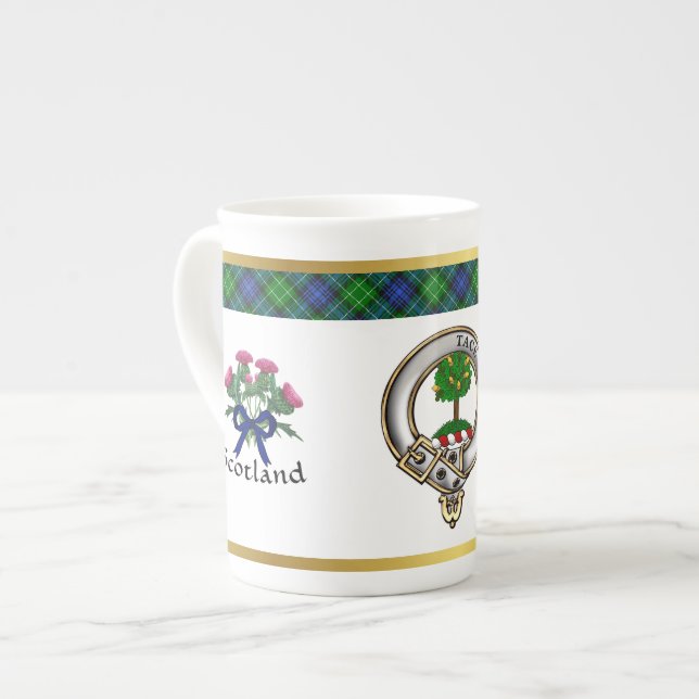 Abercrombie Clan Badge Tartan & Motto Bone China Mug (Front Left)