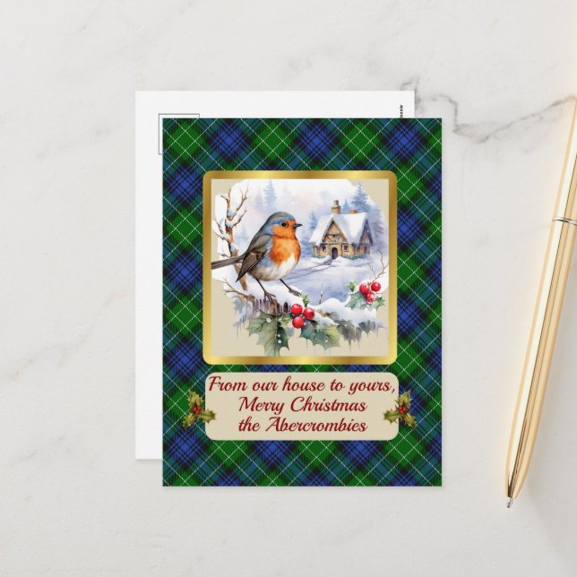Abercrombie Crest/Tartan w/Robin Personalized Xmas Holiday Postcard (Front/Back In Situ)