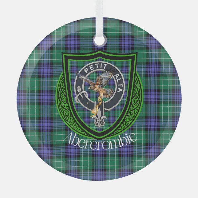 Abercrombie Scottish Clan Tartan & Crest Glass Ornament (Front)