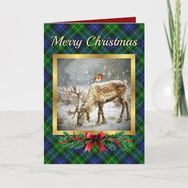 Abercrombie Stag & Robin Tartan Personalized  Holiday Card (Front)