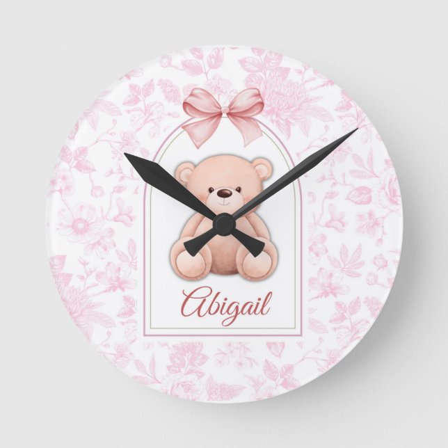 Abigail | Custom Pink Teddy Bear Nursery Design  Round Clock (Front)