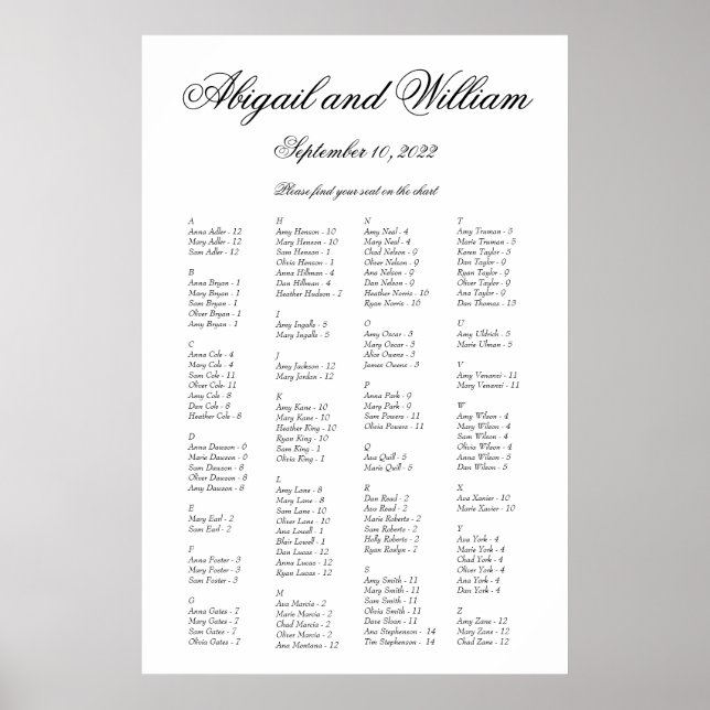 Abigail Elegant Alphabetical Wedding Seating Chart (Front)