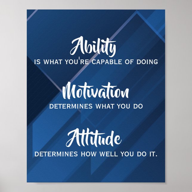 Ability, Motivation, Attitude Quote, Blue Abstract Poster (Front)