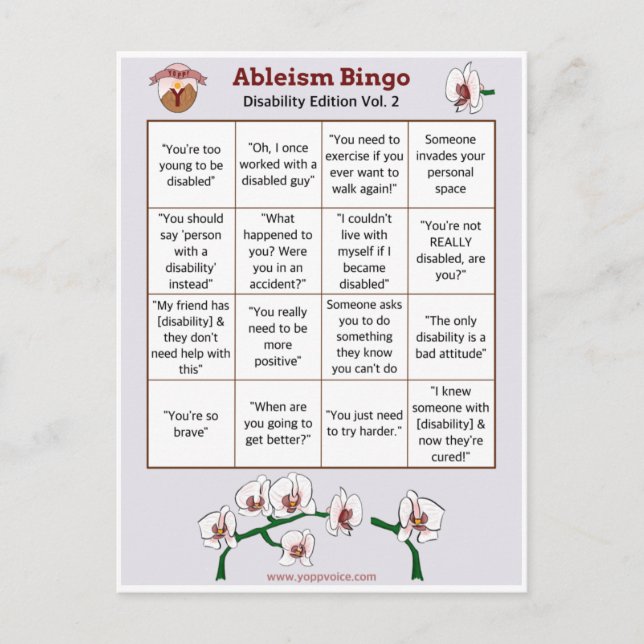Ableism Bingo Card Disability Edition Volume 2 (Front)