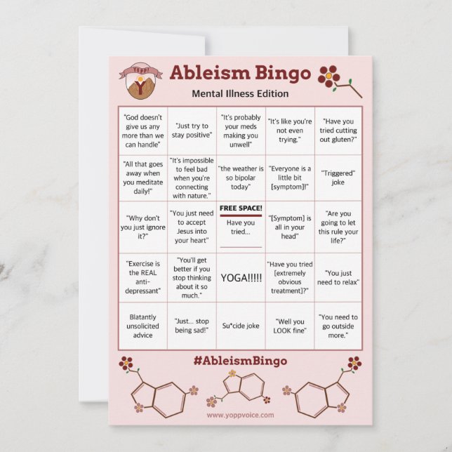 Ableism Bingo Card Mental Illness Edition (Front)