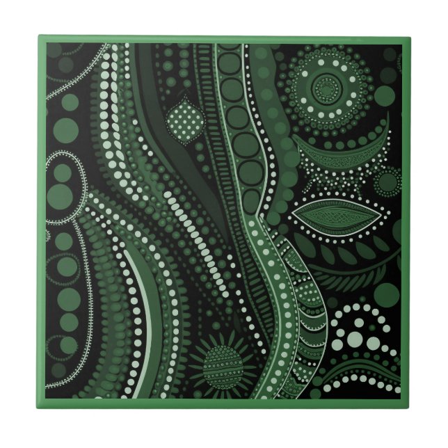 Aboriginal art style green 7 of 9 Ceramic Tile (Front)