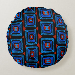 Aboriginal Squares - Red Turquoise Blue Round Pillow