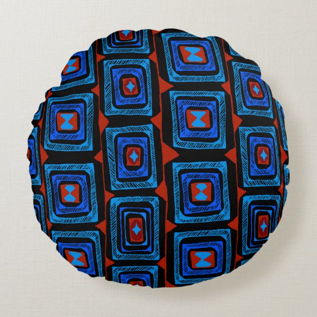 Aboriginal Squares - Red Turquoise Blue Round Pillow (Front)