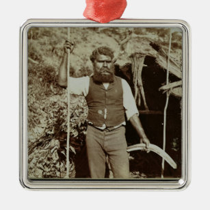 Aborigine with a Boomerang, c.1860s (sepia photo) Metal Ornament