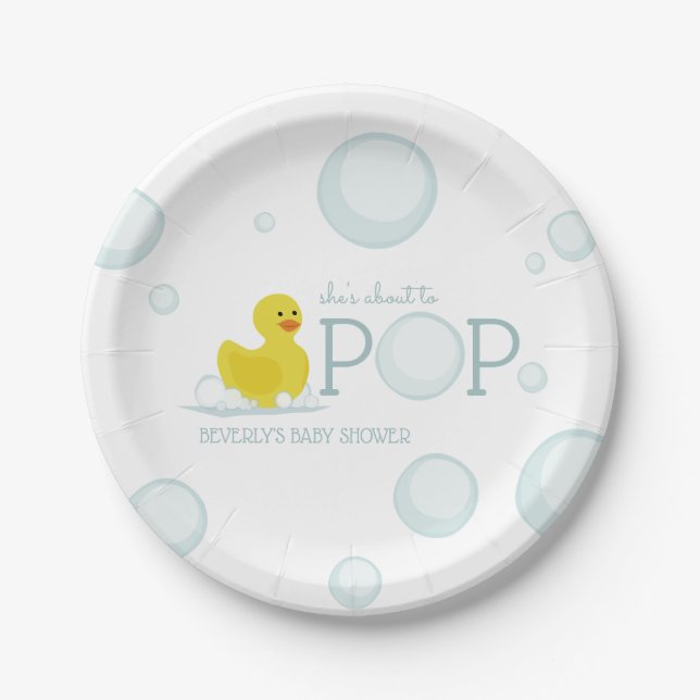 About to Pop Bubbles Rubber Duck Baby Shower Paper Plate (Front)