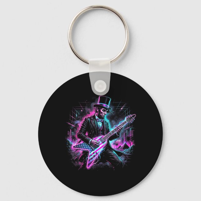 Abraham Lincoln Playing Electric Guitar Abe Funny Keychain (Front)