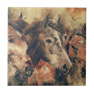 Absolutely Gorgeous Watercolor of Three Horses Tile