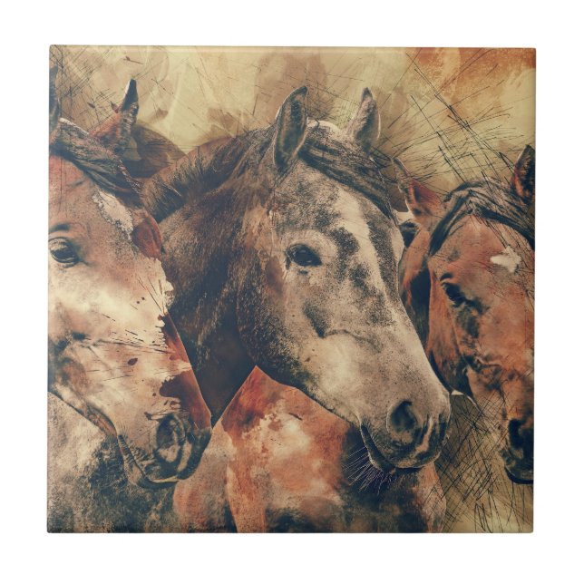 Absolutely Gorgeous Watercolor of Three Horses Tile (Front)