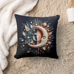 Abstract 3D Shape Half Moon Face Flowers Spikes Throw Pillow