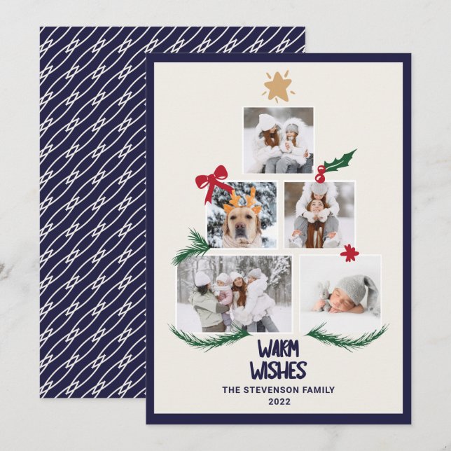Abstract 5 photos Christmas tree navy ecru wishes Holiday Card (Front/Back)
