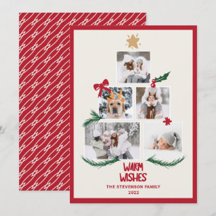 Abstract 5 photos Christmas tree red ecru wishes Holiday Card